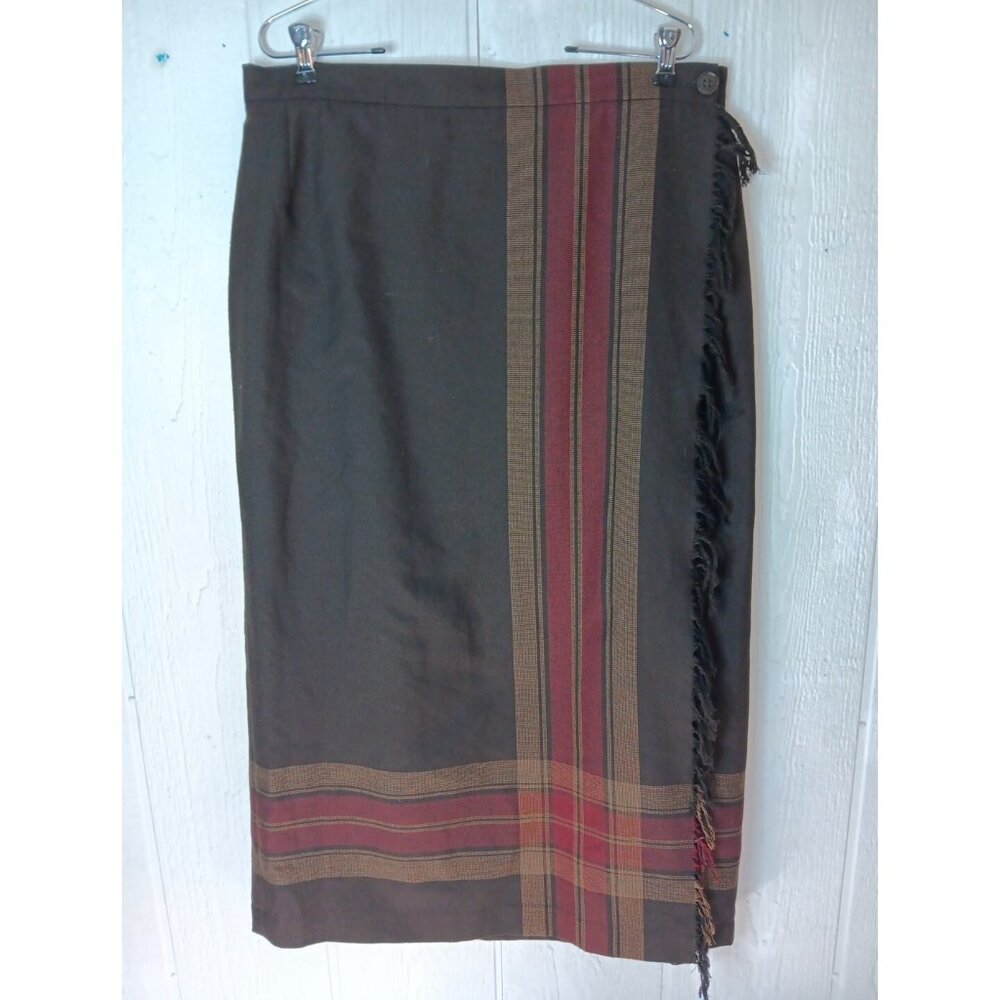 August Max Woman Wrap Maxi Skirt Plus 14W Brown Button Fringe Stripe Academia